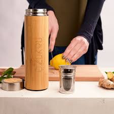 Dzukou Bamboo & Steel Thermal Infusion Bottle with Tea Infuser – 480 ml